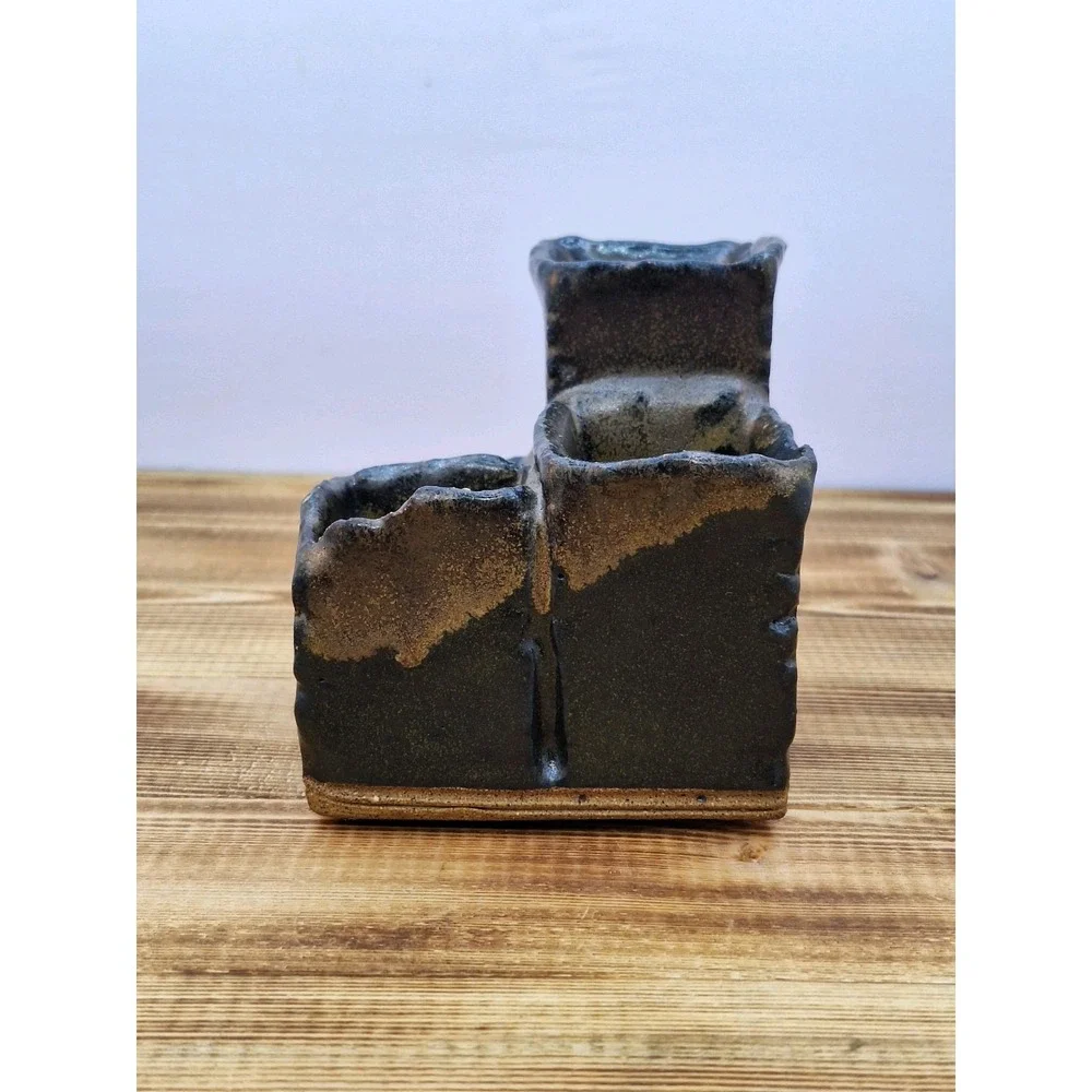 Pen Pencil Holder Earthen Tone‎ ware 4 Slot Tired Hand-crafted Artisan Glaze Vtg